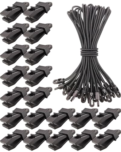 WMZOBH Tarp Clips Heavy Duty Lock Grip - 40 Pack Tarps Clamps, Fasteners Clips Holder, Small Bungee Cords with Hooks 10 Inch, Tarp Tie Downs (Black)