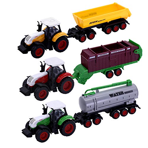 onehous Spielzeugautos Traktor mit Anhänger, 3 Stück Metall Bauernhof Traktor mit ABS Kunststoff Anhänger