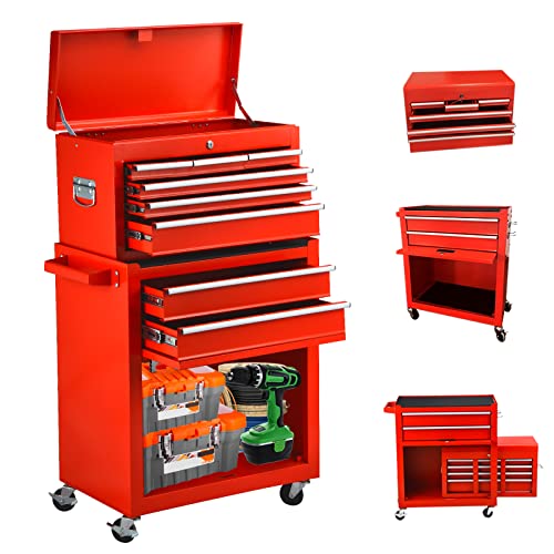 8-Drawer Rolling Tool Box - Stainless Steel High Capacity Tool Tools Chest Tool Cart with Wheels for Storage Hardware Tool Set Organizer, Detachable Toolbox Organizer Cabinet with Locking System, Red