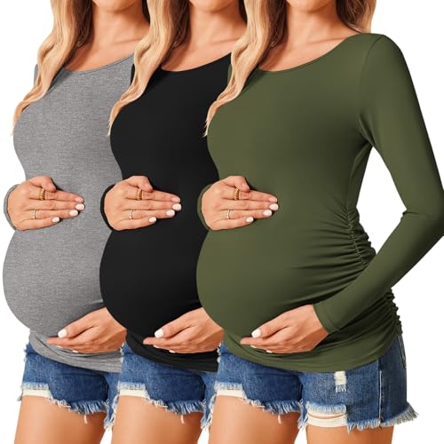 Image of Ekouaer Womens Maternity Shirts Long Sleeve 3 Packs Pregnancy Tee Top Tunic Blouse Casual Mama Clothes S-XXL