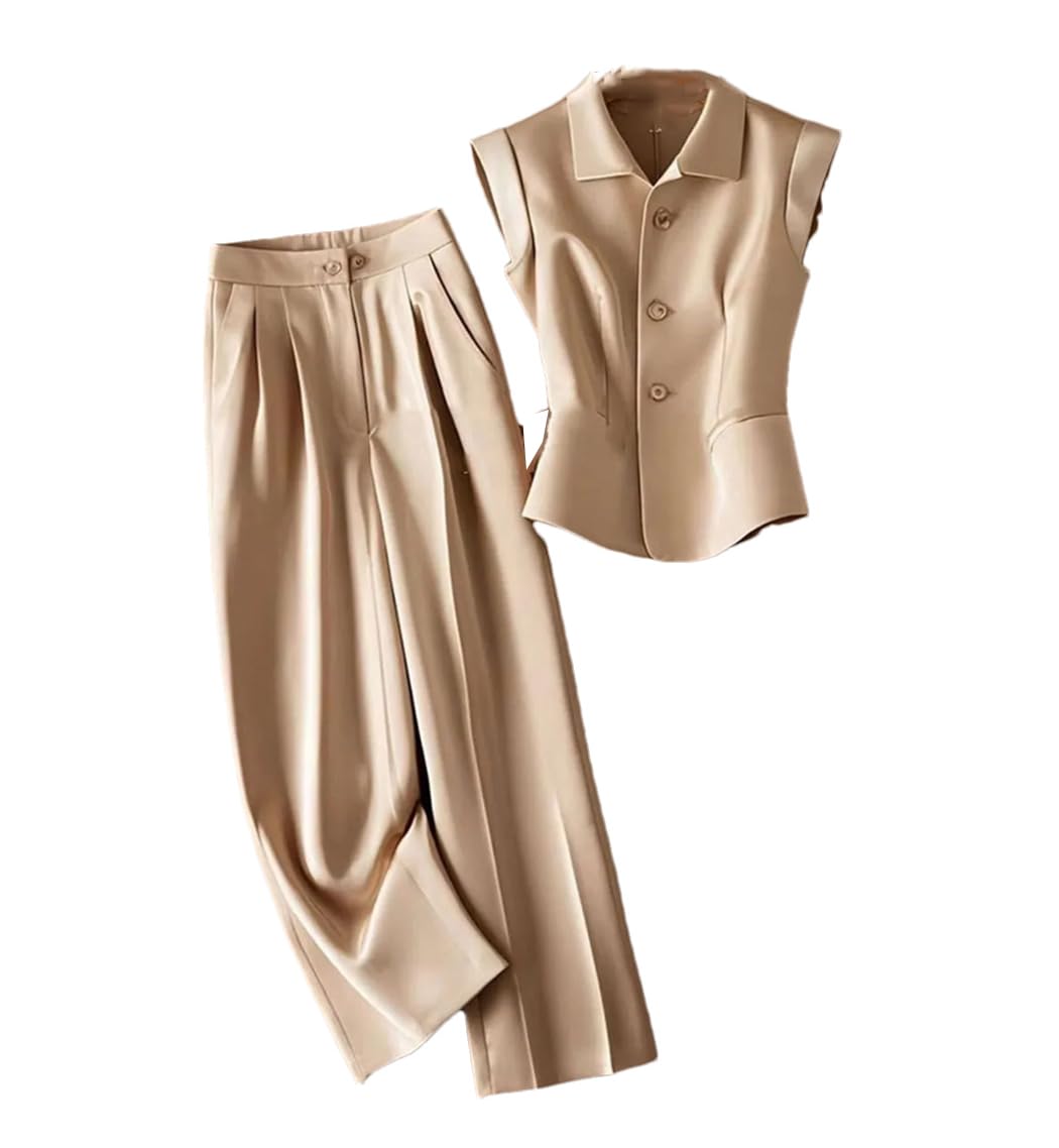 Damen Sommer Koreanisch Elegant Ärmellos Anzug Revers Einreiher Büro Lady Tops Weites Bein Hosen 2-teiliges Set