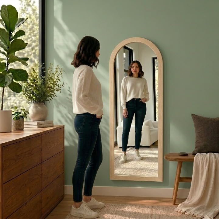 Image of Creative Arts n Frames 21 x 51 inch Full Length Dressing Chevel Long Fiber Wood Arch Framed HD Mirror Home Wall Living Room Decor Items (Highland Pine Finished Framed HD Arch Mirror.)
