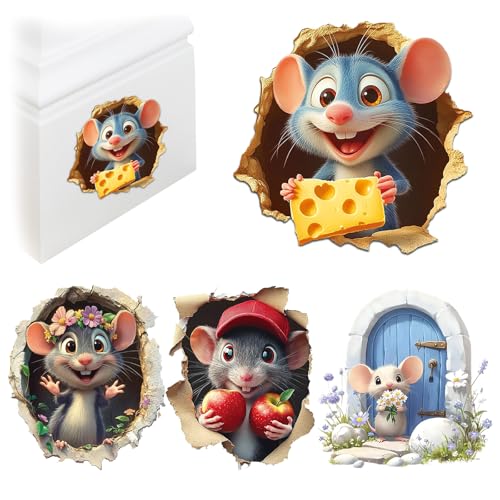 FOSDICK Pegatinas pared Decorativas,Pegatinas de Pared de 4 Unidades 3D Ratón Divertido Vinilos Decorativos Extraíbles para Dormitorio Infantil Sala de Estar Cocina Guardería Decoración del Hogar