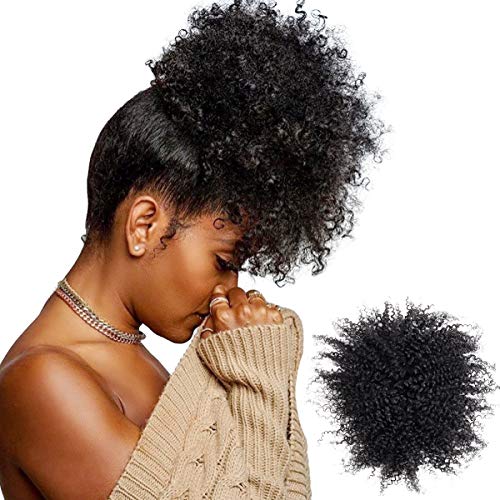MRS HAIR Afro Kinky Curly Drawstring Ponytail Human Hair Puff Ponytail Human Hair for Black Women Hair Extensions with Two Clips 8 Inch 1B Natural Black (Natural Black, 8 )