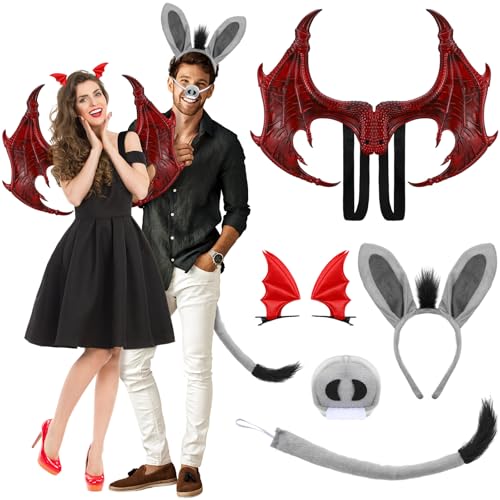 Maiteenly 5 Pcs Halloween Dragon Donkey Costume Set Wings Hair Clips Devil Wings Donkey Ears Tail and Nose for Halloween Masquerade Cosplay Party