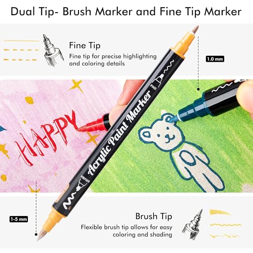 Image of Shuttle Art 28 Metallic Colors Dual Tip Acrylic Paint Markers, Brush Tip and Fine Tip Acrylic Paint Pens for Rock, Ceramic, Wood, Canvas, Plastic, Glass, Stone, Calligraphy, Card, DIY Football Crafts