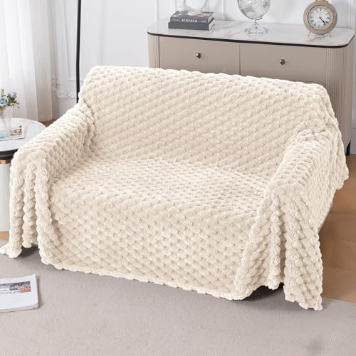 Image of HOKIPO Luxury Premium Rabbit Wool Plush Fluffy Sofa Cover, Sofa Throw for 2 Seater Sofa, 180(D) x 250(L) cm, 'Bunnysoft Series' Cream (AR-5074-WHT)