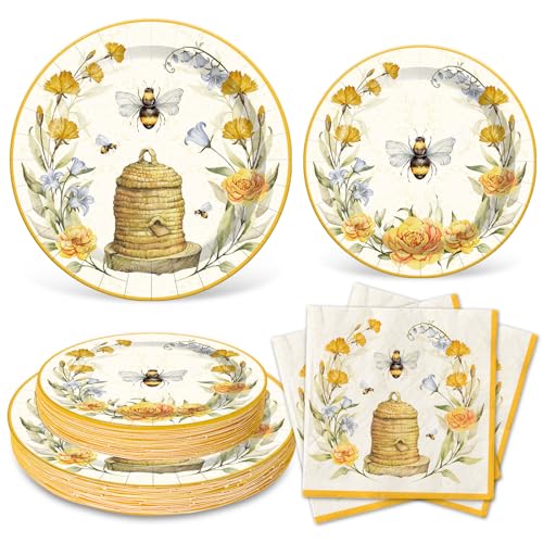 Whaline Bee Paper Plates and Napkins Set Summer Bee Flower Disposable Dinnerware for Wedding Birthday Baby Shower Holiday Tableware Party Supplies Table Decor Serve 24