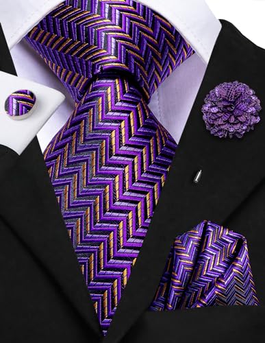 Image of Hi-Tie Men Silk Ties Set with Flower Lapel Pin Necktie Pocket Square Cufflinks for Tuxedo Wedding Business