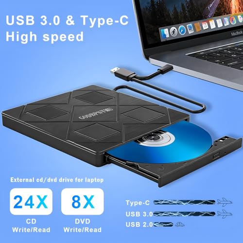 Image of 8-in-1 Extemal CD /DVD Drive for Laptop,USB 3.0 & Type-C Portable CD /DvD Burner with SD /TF Card Reader DVD Player with Carrying Case Compatible with Laptop PC, MacBook Pro /iMac Windows 11 /10 /8 /7 Linux