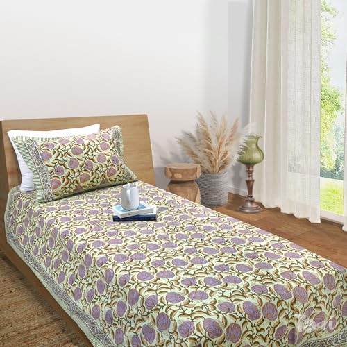 Image of TOAI Hand Block Printed Bedsheet | Bed Spread Flatsheet Bed Sheet | Pure Cotton | Single Bed Size 60 inchx90 inch | 300 TC Long Staple Cotton | 1 Reversible Pillow Cover |Royal Moments
