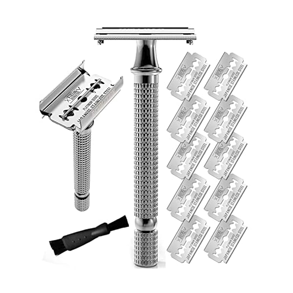 Viking Revolution Long Handle Double Edge Safety Razor Butterfly Open Razor with 10 Japanese