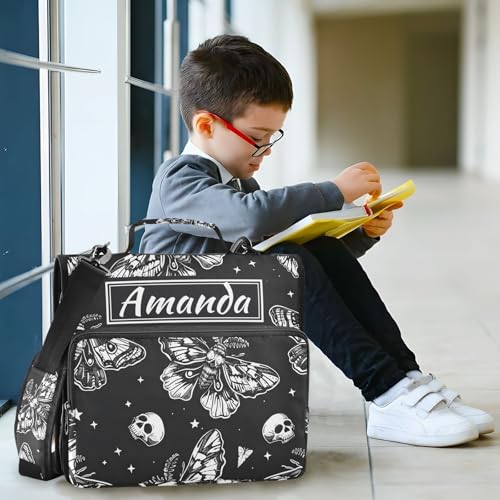 Image of Custom 3 Ring Zipper Binder Skull Moon Moth Black Skeleton Personalized Name 1.5 inch Binders Large Capacity Multi Pockets for School Office Supplies