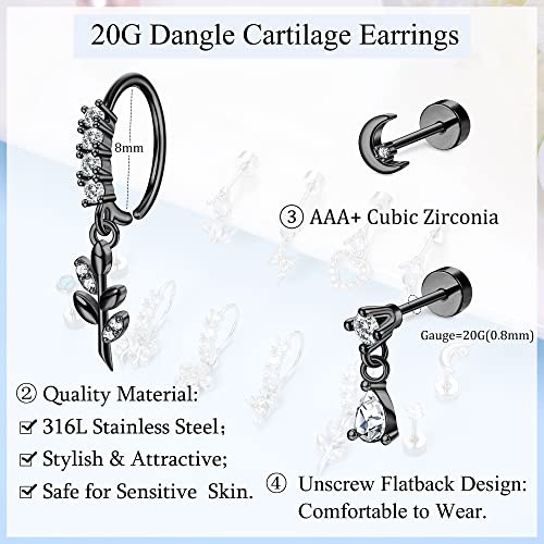 Besteel 20G Cartilage Stud Earrings Hoop For Women Men, 316L Stainless Steel Dangle Cartilage Piercing Jewelry Set, Cute Cz Opal Dangle Conch Helix Tragus Cartilage Flat Back Stud Earrings, Screw Back Ear Piercing Jewelry Nose Hoops 12Pcs, Black #TOP1