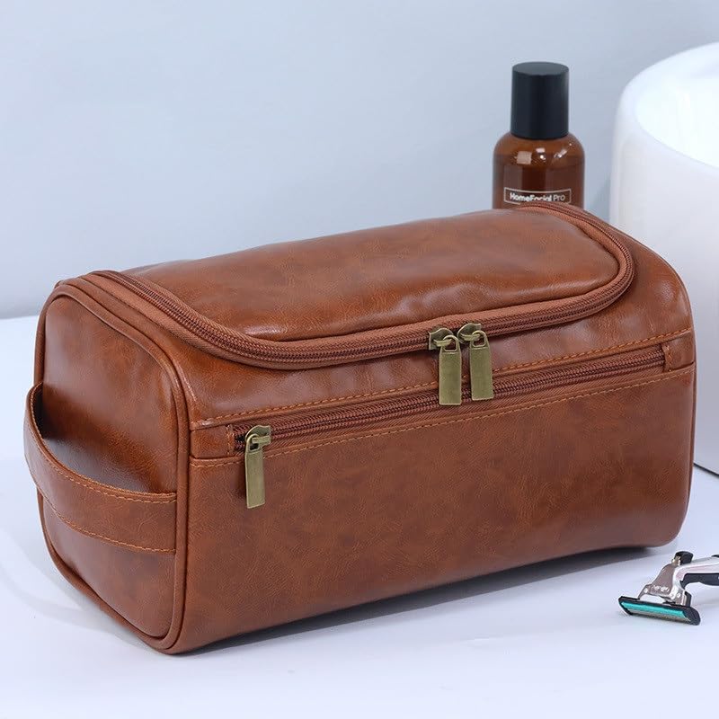 Borsa da Toilette Portatile Borsa da Toilette da Uomo da Viaggio Borsa cosmetica Portatile in Pelle Pu(Brown)