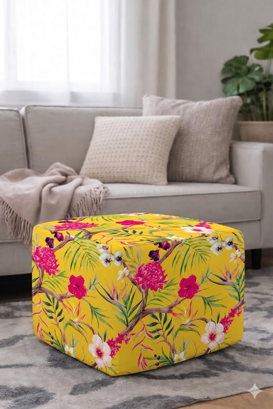 Pouffe Cover 16x16 Inch Yellow Floral Full Coverage, Boho Bohemian Scandinavian Slipcover, Square Footstool Floor Cushion Pouf Cover, Machine Washable, THROWPILLOW-image-21