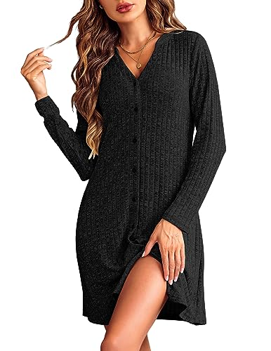 Ekouaer Camisones para Mujer Manga Larga Ropa de Dormir con Botones Camisón Mujer Invierno Cuello en V Camison Lactancia Mujer Sexy Vestido Pijamas