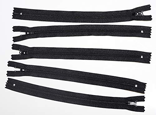 Pack of 5 YKK Nylon Black Closed end Zip 8,9,10,11,12,15,20. Size 3. (10 inch)