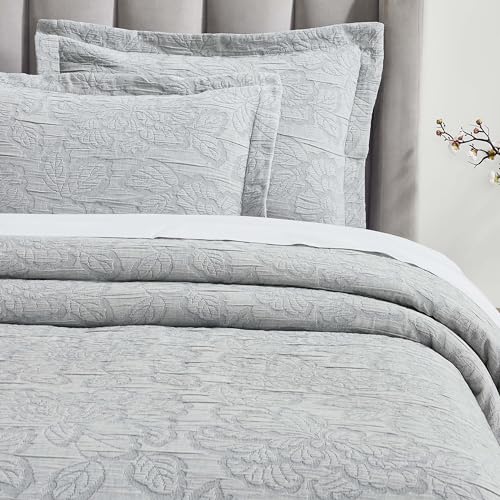 Superior 3 Piece Cotton Bedspread Set, Home Bed Decor, Decorative Bed Spread, 2 Pillow Shams, Medium Weight Blanket, Matelasse Coverlet, Bedding Essentials, Hibiscus Collection, Queen, Grey