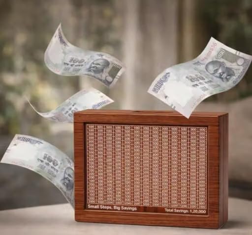 Wooden Money Box Savings Bank with 1,20,000 Savings Tracker | Small Steps Big Savings, Coin & Note Slot, Savings Goal Tracker, Decorative Design, Desktop Piggy Bank-image-2