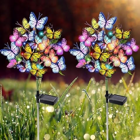 2 Pack Solar Garden Lights - Outdoor Waterproof Decorative Butterfly Solar Lights with 34 Butterfly, Perfect for Garden Yard Patio Lawn Festive Party Decorations, Romantic Gifts for mums and Ladies Cover