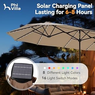 PHI VILLA 13ft Patio Umbrella with Solar-Powered 120 PCS LED Color-Changing Lights, Triple-Head Large Rectangle Umbrella Outdoor Patio for Table with Crank Lift,Beige(No Base)