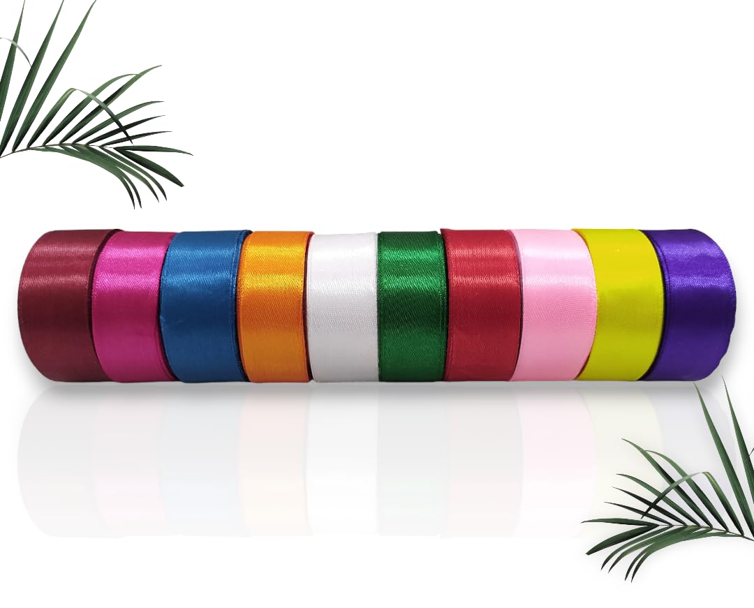 Craft Satin Ribbon Roll Set for Gift Packing DIY Flower Making Decoration - (Pack of 10) 1 inch, 10 Meter Long (Approx) - Multicolour