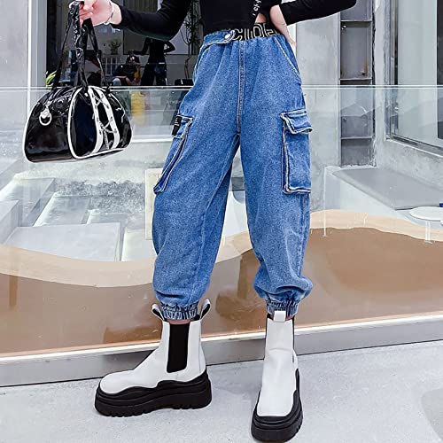 Kids Girls High Waist Lounge Harem Denim Pants Fashion Loose Fit Cargo Pants Casual Jeans Dungarees with Pockets3