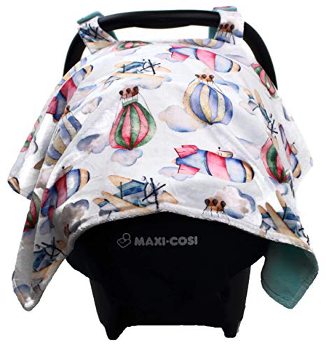Image of Dear Baby Gear - Baby Car Seat Canopy - Infant Car Seats Covers - Carseat Canopies for Boys & Girls - Toddler Carseat Cover w /Snap Opening (Airplanes, Zeppelins, Hot Air Balloons, Opal Blue 40 inchx30 inch)