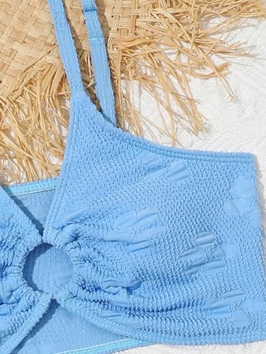 Image of Girl's 3 Piece Bikini Set Ribbed Textured Halter Swimwear Knot Front Ruched Bathing Suit Swimsuit Blue 160