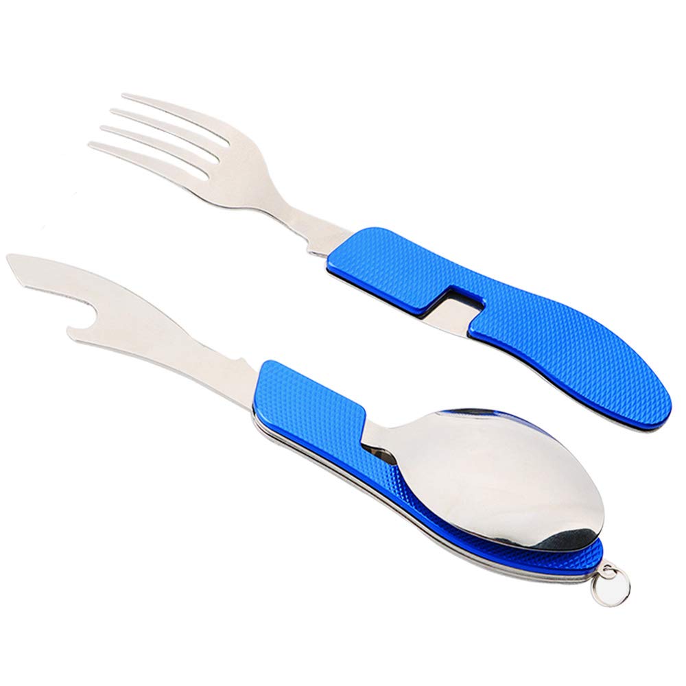 Lot de 2 couverts de camping 4 en 1 - Couverts pliants - Acier inoxydable - Extérieur - Couteau, fourchette, cuillère, décapsuleur (bleu)