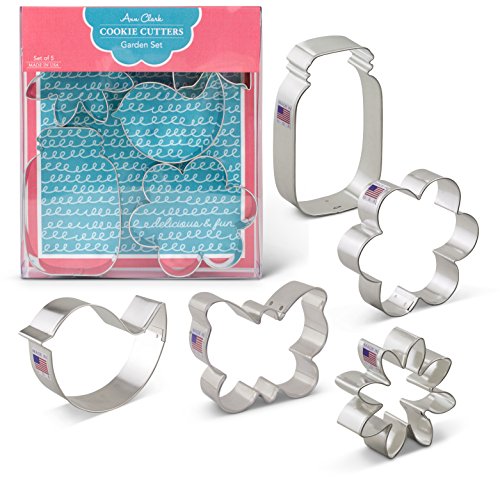Flower Garden Cookie Cutters - 5 Piece Boxed Set - Daisy, Flower, Teardrop Bird, Butterfly, Mason Jar - Ann Clark - US Tin Plated Steel