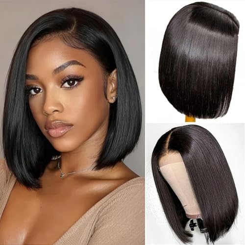 Bob Wig Human Hair 4x4 Lace Front Wigs Human Hair 10 Inch Straight Bob Wigs for Women Human Hair Short Bob Glueless Wig Human Hair Pre Plucked with Baby Hair 150% Density Perruque Femme Humain Naturel