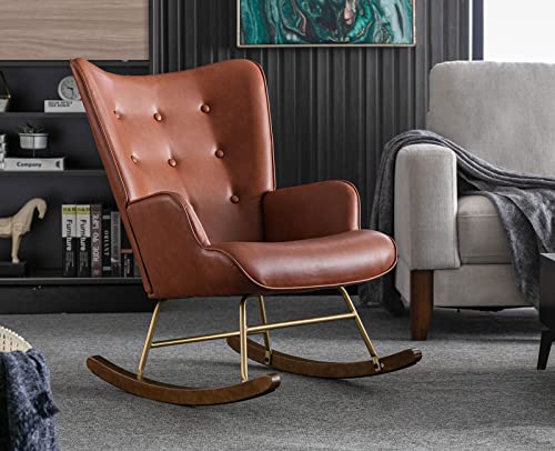 Shunzhi Pu Leather Nursery Rocking Chair with Armrest, Modern Reading Chair Upholstered Lazy Chair Tufted Side Chair Comfy Club Chair Accent Chair for Living Room Bedroom Office Small Spaces, Brown -  Shunzhi-Charles