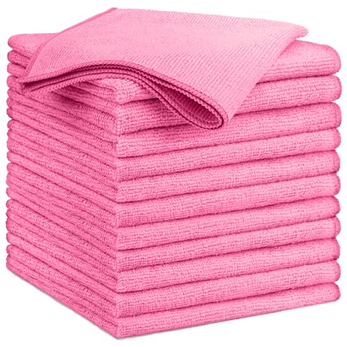 GLIMGLINT Pink Microfiber Cleaning Cloth 12PK Reusable Cleaning Rags Highly Absorbent Shop Rags Bulk All-Purpose Car Cleaning Towels for TV Screen Kitchen Bathroom Restaurant Garage 14X12
