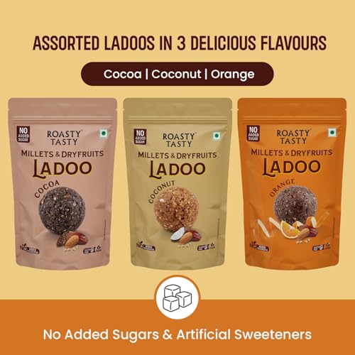 Image of Roasty Tasty Assorted-Millets & Dryfruits Ladoo Combo | 3 Flavours Cocoa Orange & Coconut | Energy Bar Replacement | No Added Sugar | Healthy Snacks | Rich in Proteins | Nuts Mithai | 360g(Pack of 120g each)