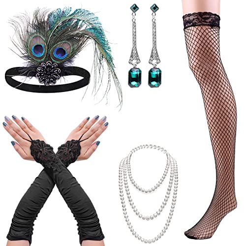 Cridoz Flapper Accessories for Women - 1920s Gatsby & Roaring 20s Style Includes Gloves Headbands Necklace - Dark Green