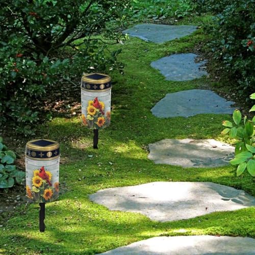Image of Poceacles Cardinal Sunflower Wood Grain Solar Lights Outdoor Solar Powered Outdoor Cemetery Stake Candle Grave Solar Lamp Landscape Lighting Waterproof Grave Flameless Candle, Pack of 4