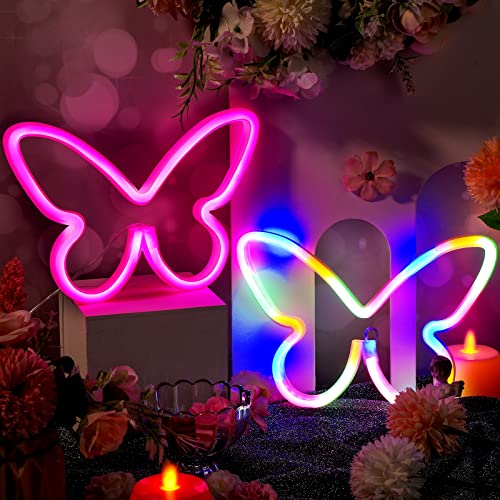 Image of Riakrum 2 Pcs Butterfly Neon Signs LED Lights Decor,Pink, Colorful