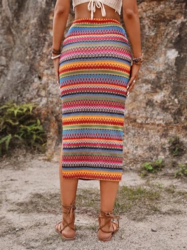 EARKOHA 2025 Skirts for Women Women Holiday Metric Printed Side Slit Skirt with Asymmetrical Hem for New Year Clothes Vacation Beach Outfit Red L2