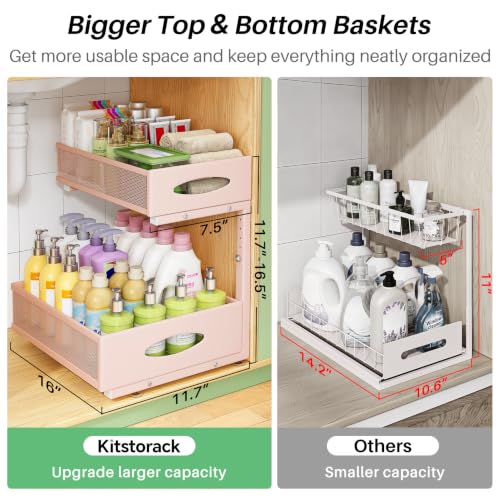 Image of Under Sink Organizer, 2-Pack Pull Out Cabinet Organizer 2 Tier Metal Slide Out Storage Shelf Rack, L-Shaped Adjustable Height,Mesh Sliding Drawer for Kitchen, Bathroom, Laundry, Pantry, Pink, XL