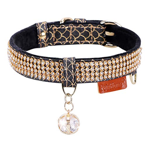PetsHome Cat Collar, Dog Collar, [Bling Rhinestones] Premium PU Leather with Pendant Adjustable Collars for Big Cat and Small to Medium Dog Small Black