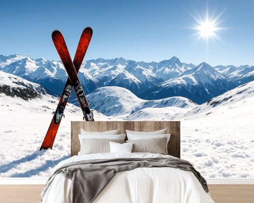 Peel and Stick Wallpaper Wall Murals Pair red skis Crossed Wedged Snow Mountain Photo Self Adhesive Removable Canvas Wall Stickers for Living Room Kids Bedroom 69''x96''