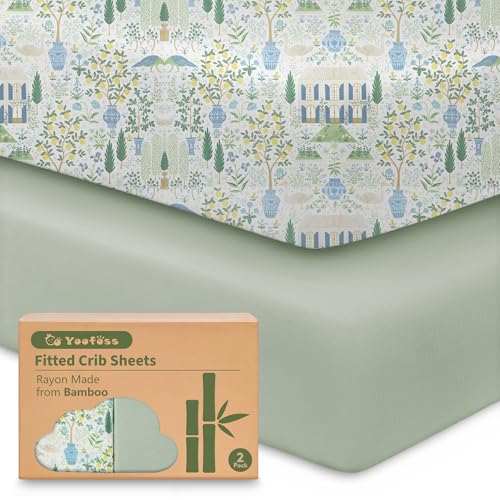 Yoofoss Baby Crib Sheets Viscose Derived from Bamboo 2 Pack Fitted Crib Sheet for Boys Girls Soft and Breathable Toddler Bed Sheets for Standard Crib and Toddler Mattress 52x28in
