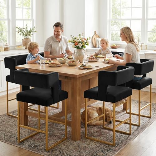 Image of Counter Height Bar Stools Set of 4, Black Velvet Bar Chair Gold Leg
