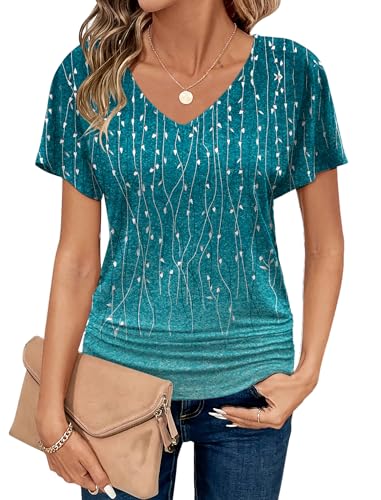 Zeagoo Women's Short Sleeve Shirts V Neck Blouse Ruched Business Casual Basic Tunic Tops S-3XL