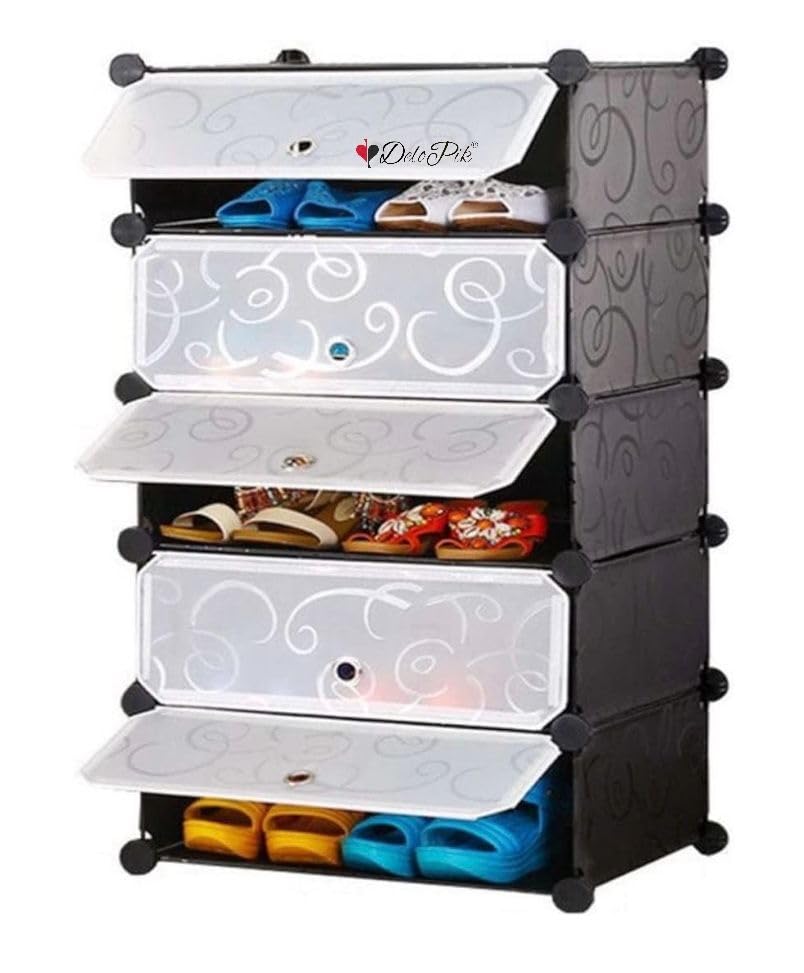 DelopikShoe Rack 5 Cube DIY Plastic Shoes Cabinet with Doors Portable Modular Shoe Storage Organizer Tower Shelf Expandable Shoes Stand Space Saver for Entryway Hallway and Closet -FR 34 (black)