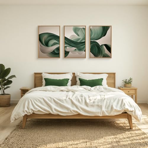 Image of KAIRNE Green Abstract Framed Canvas Wall Art Set,Minimalist Green Lines Wall Decor,Modern Flowing Texture Art Prints,Neutral Smokes Waves Artwork for Living Room,Bedroom,Farmhouse,Office-24 x36 x3