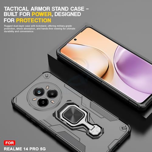 Image of AESTMO Armor Back Cover for Realme 14 Pro 5G | Ring Holder & Kickstand & Camera Protection in-Built | 360 Degree Protection Back Case Cover (Black)