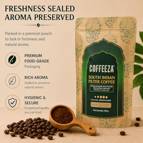 Image of Coffeeza South Indian Ground Filter Coffee - Authentic 80:20 Coffee & Chicory Filter Blend | Fine Grind for Filter Coffee | Medium-Dark Roast | Chikmagalur Origin | 250g